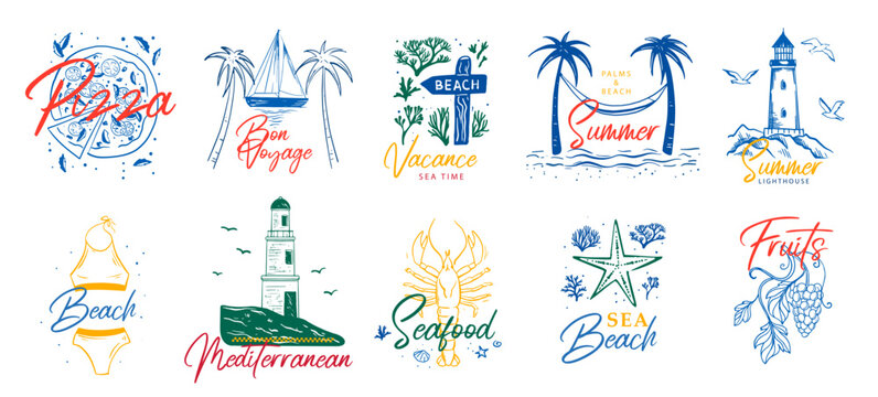 Set of hand drawn summer mediterranean posters. Set of vacation in Italy vector posters. La Dolce vita postamps, placard, cards template elements. 