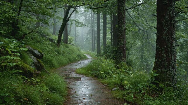 Scenic view of a wet path meandering through a dense forest during rainfall, creating a tranquil and atmospheric scene