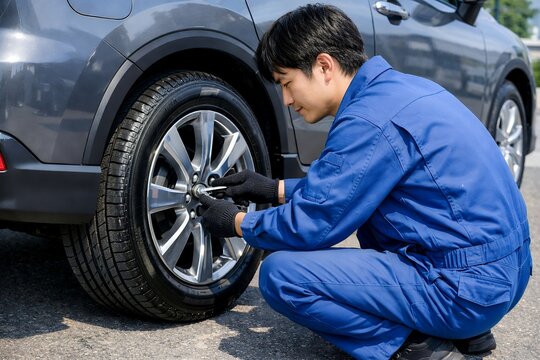 自動車のタイヤ交換と点検を行う若い男性整備士