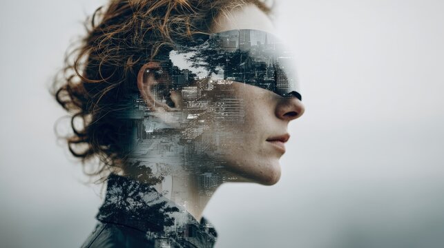 Side view portrait of a woman wearing futuristic smart glasses, her face merging with a cityscape, showcasing augmented reality