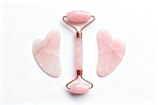 Rose quartz facial roller and gua sha stones on white background