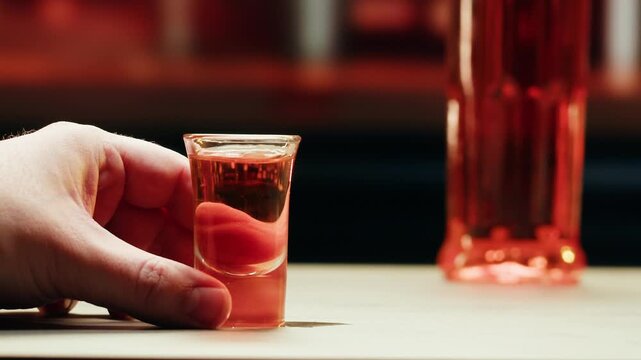 Pouring shot of red bitter, Cognac, whisky, Campari, Aperol, Cherry Vermouth Negroni, spanish wine drink, Alcoholic Americano Cocktail bitter, sweet vermouth and soda water, close up of making drink