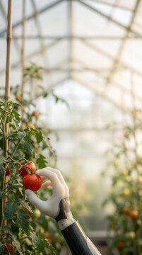 White robotic hand picking fresh ripe tomato in greenhouse for smart farming concept⁠