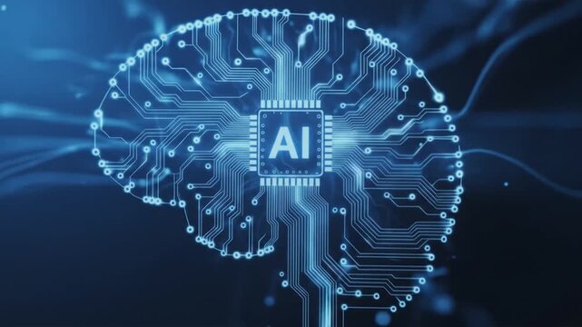 Digital illustration of a brain integrated with circuit board patterns and labeled 'AI,' symbolizing artificial intelligence and cognitive technology.