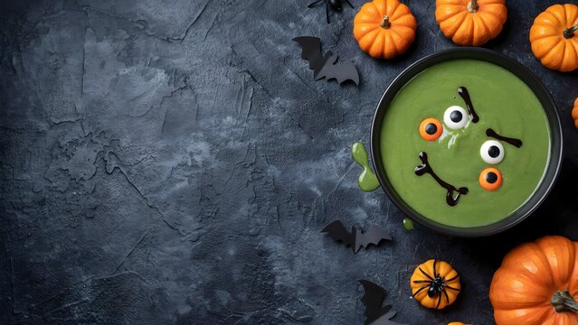 Halloween green monster soup bowl. Spooky food decoration with pumpkins and bats.