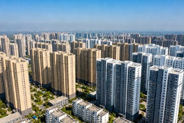 Obraz premium Dense Urban Apartment Skyline Under Clear Blue Sky