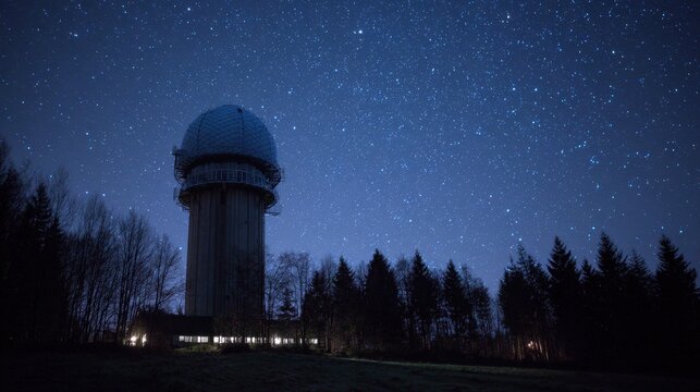Large radar station exploring the night sky full of bright stars