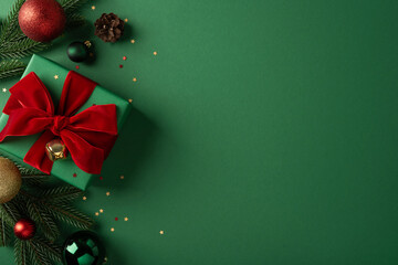 Fototapeta premium Merry Christmas green gift with red bow and ornaments for a happy New Year celebration