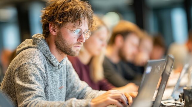 Young software engineer concentrating on his laptop during a meeting with colleagues