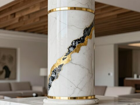 White marble column with gold inlay in modern interior