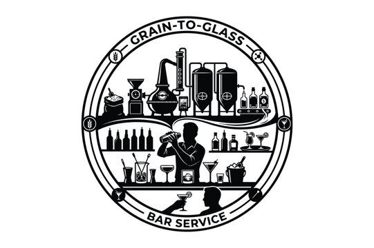 Grain to glass distillery and bar service emblem with distillery cocktail beverage