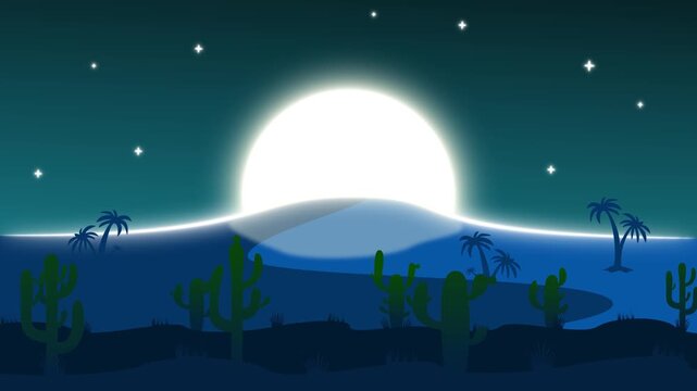Animated cartoon background. Animated desert night landscape with cacti and palm trees. Flat video with parallax effect. Side view.