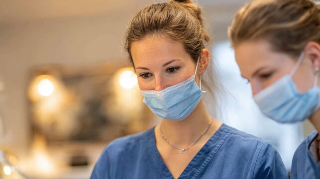 Two female doctors wearing masks are concentrating on their work in a brightly lit medical office