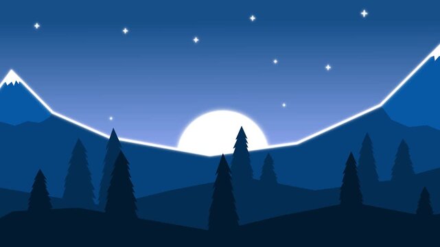 Animated cartoon background. Animated nighttime mountain landscape with fir trees. Flat video footage with a parallax effect. Side view.