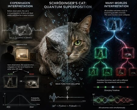 Infographic of Schr&ouml;dinger&rsquo;s Cat quantum interpretations
