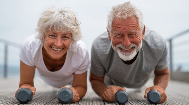 Senior couple doing plank exercise with dumbbells, enjoying healthy lifestyle and smiling
