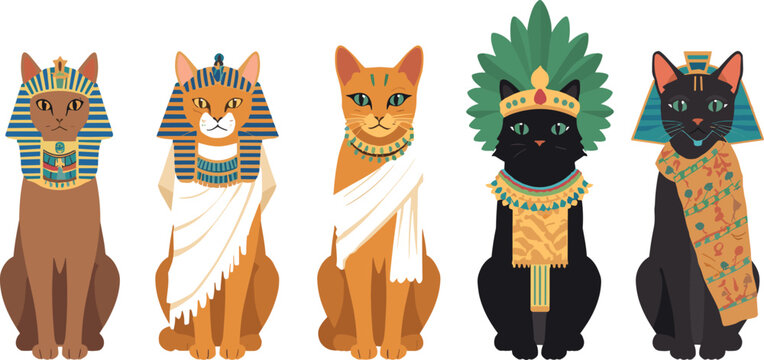 Ancient Egyptian Cat Deity Character Set Featuring Pharaonic Kittens Wearing Nemes Headdress Gold Pectoral Collars Nemes Crown and Traditional Robes Vector Illustration