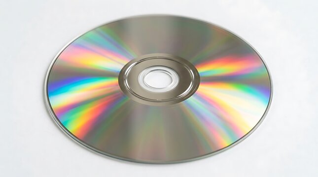 Shiny round compact disc with colorful rainbow light reflection on a smooth metallic surface layer
