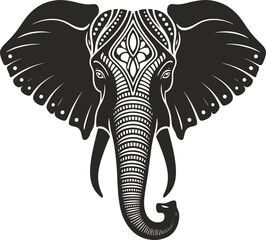 Obraz premium Ornamental elephant head illustration with intricate tribal patterns in a bold black and white graphic art style