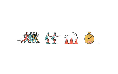 Naklejka premium An illustration depicting a group of people participating in a sports competition with cones and a stopwatch.