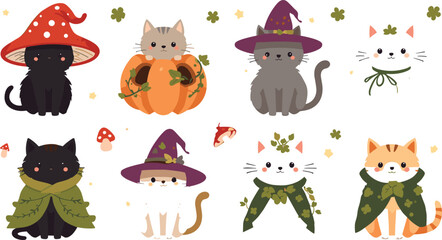 Cute Halloween and Autumn Cottagecore Cat Character Set Featuring Kittens in Witch Hats Mushroom Caps Pumpkins and Leafy Cloves Vector Illustration © Sreemotimadhobi