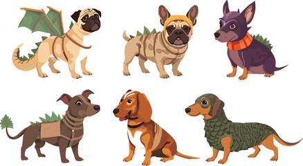 Fantasy Dragon Costume and Playful Pet Dog Character Set Featuring Puppies Wearing Spiked Scales Wings Stegosaurus Armor and Reptile Outfits Vector Illustrations © Sreemotimadhobi