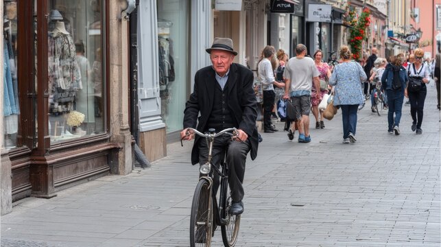 Elderly man cycling along Florianska street in Krakow city center, Poland, with blurred pedestrians in background
