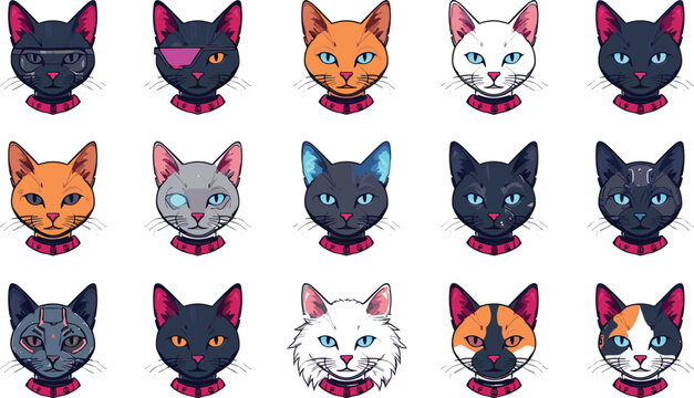 Cyberpunk Sci Fi Cat Avatar and Profile Picture Icon Set Featuring Cyborg Kittens with Eyepatches Tech Visors Scars Cybernetic Implants and Spiked Collars Vector Illustration