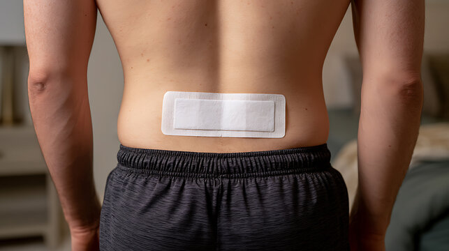 Rear view of a young man with a medical patch on his lower back, highlighting pain relief and recovery indoors at home
