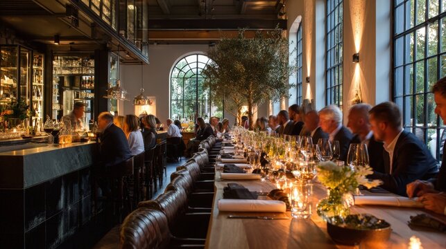 Professionals enjoying a meal and drinks together in a stylish, high end restaurant bar, fostering camaraderie and networking