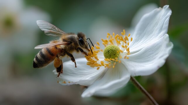 Close up of honey bee collecting pollen from white flower in nature