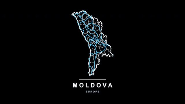 Moldova Country Line Map Self Drawing Animated Overlay, Alpha 4K