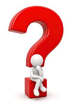 Small white figure sitting thoughtfully on red question mark