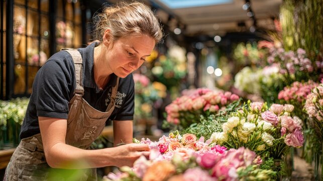 Florist carefully composing a bouquet of colorful flowers in a flower shop, surrounded by various blooms