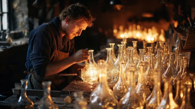 Glassblower carefully inspecting illuminated bottles in a traditional workshop, showcasing craftsmanship and glass art