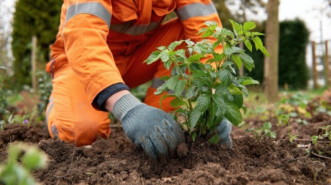 Close up of gardener planting young tree in fertile soil, promoting environmental conservation and urban reforestation