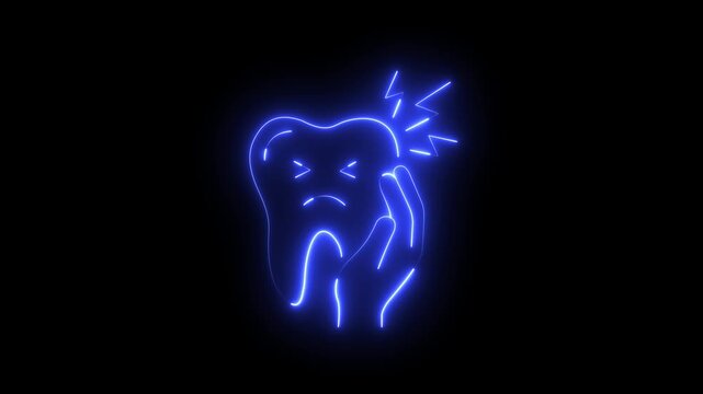 Neon Toothache Icon with Hand Touching Painful Tooth on Black Background, Dental Pain, Tooth Sensitivity, Oral Health, Dentistry, Medical Animation Motion Graphic..