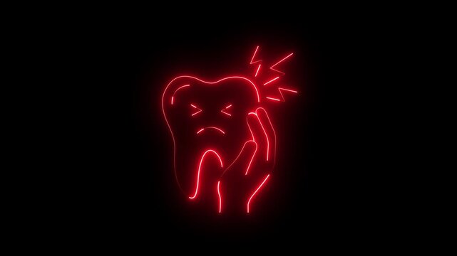Neon Toothache Icon with Hand Touching Painful Tooth on Black Background, Dental Pain, Tooth Sensitivity, Oral Health, Dentistry, Medical Animation Motion Graphic..