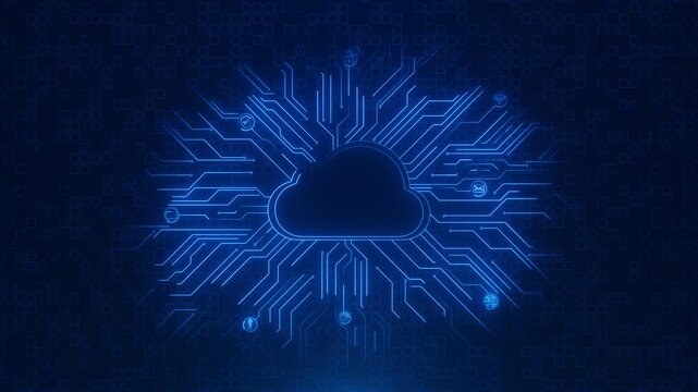 Digital cloud network 19 visual blue circuit paths, glowing nodes, connected service icons. online storage explainers, data transfer graphics, web platform promos, and secure computing videos.