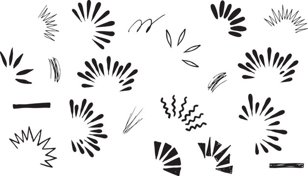 Collection of hand drawn doodle style sunbursts, motion lines, and accent marks, isolated on a white background, for applications