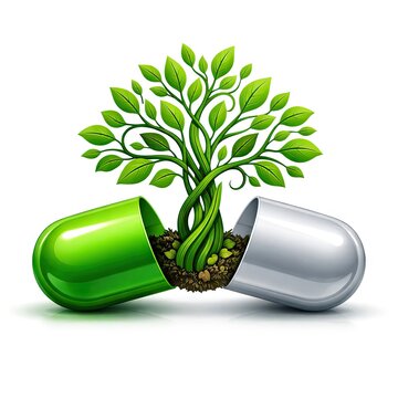  Green tree growing from open capsule on white