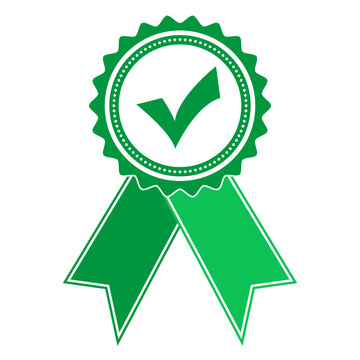 Illustration of a green award ribbon with a check mark icon on a white background