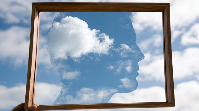 Silhouetted head overlaid with clouds against a bright blue sky