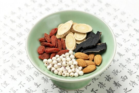 Traditional Chinese medicinal herbs and nuts in a bowl