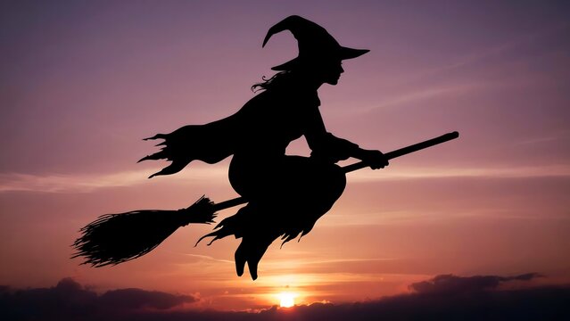 Witch flying on a broomstick at sunset. Halloween silhouette of a sorceress in the sky.