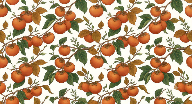 Seamless pattern of ripe orange persimmons with branches and autumn leaves, generative AI