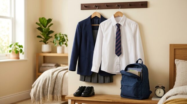 Girl school uniform hanging in a bright bedroom. Navy blue blazer grey dress and backpack with books ready for the morning routine