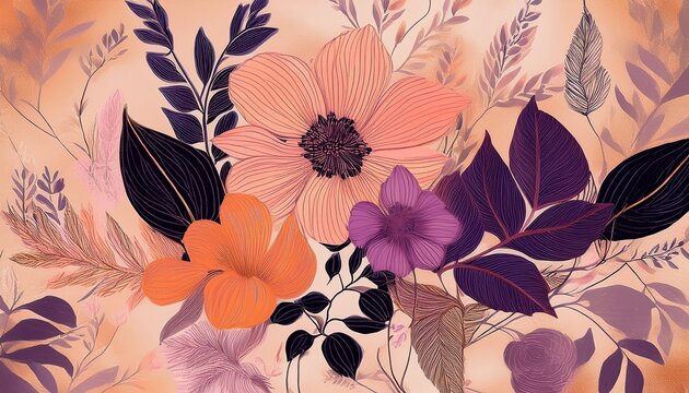 bohemian inspired hand drawn floral composition in peach and plum with graphic black foliage soft blush accents on organic textured background earthy contemporary pattern for throw pillow covers cu