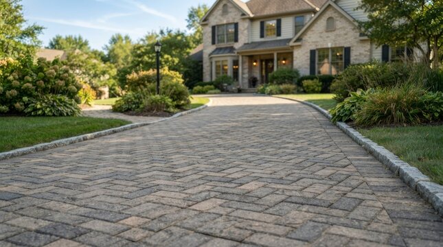 Close view of a clean cobblestone path surrounded by green lawns and bushes in a residential area.
