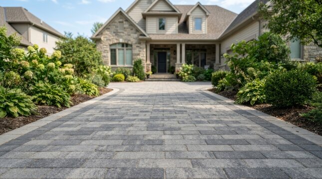 Paved driveway made of grey interlocking bricks leading to a beautiful suburban house.